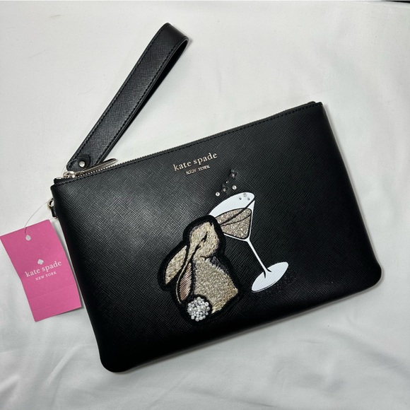 Kate Spade Boozy Bunny Black Saffiano Leather Wristlet NWT - Picture 6 of 8